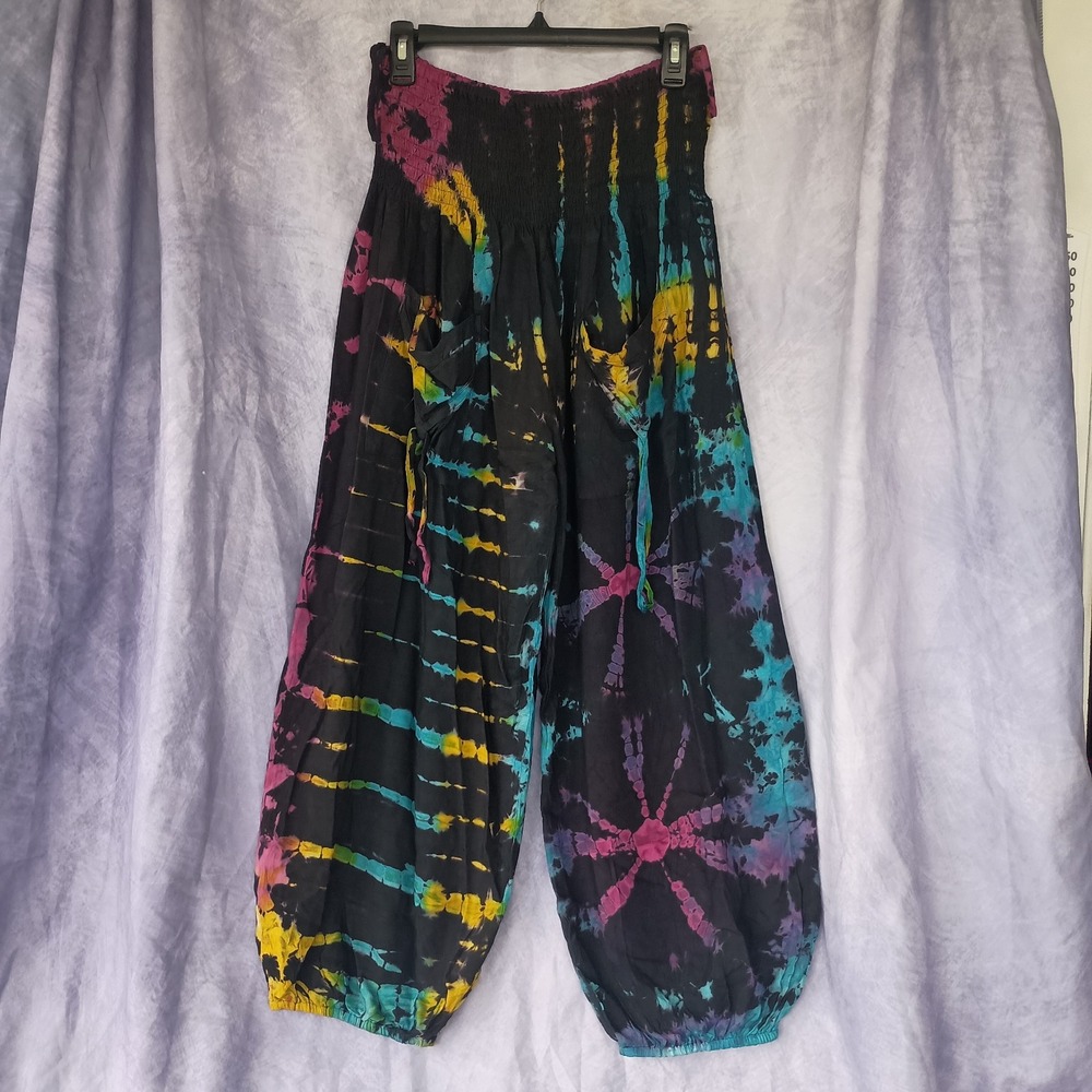Tie Dye Harem Pants Black Rainbow Smocked Waist